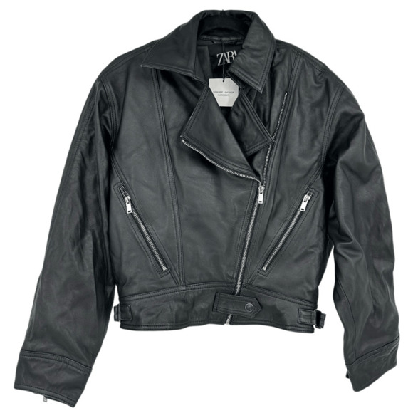 ZARA Womens M Biker Moto Jacket Black Genuine Leather Grunge Oversized - Picture 1 of 14